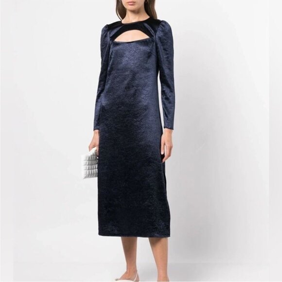 Baum Und Pferdgarten Aneto Navy Crinkle Satin Midi Dress Cutout Size 40 NWT - Picture 1 of 11